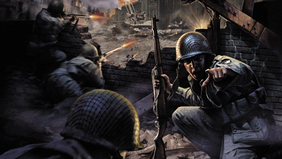 Call of Duty 1 Promotional Art Soldier Pointing To Camera And Shouting During Gunfight
