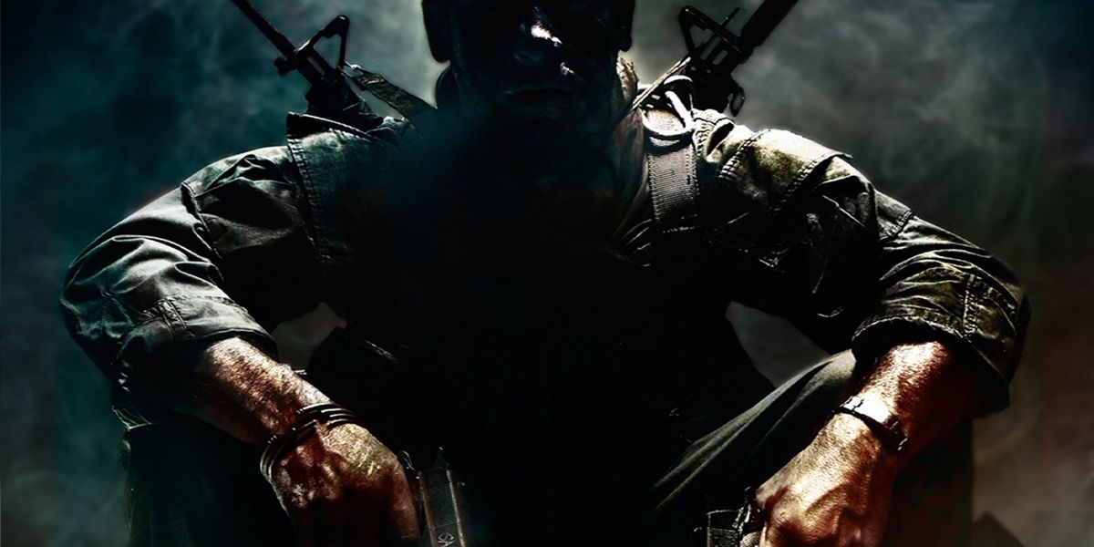 Call of Duty Black Ops Cover Art Mason Sat With Sally and Mustang Pistols In Black With Assault Rifles On Back Smoke Background