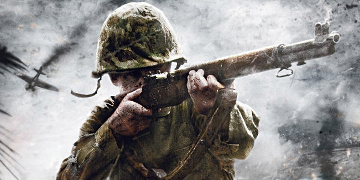 Call of Duty World at War Box Art Soldier Holding Rifle With Plane Crashing Behind Him Smoke Background