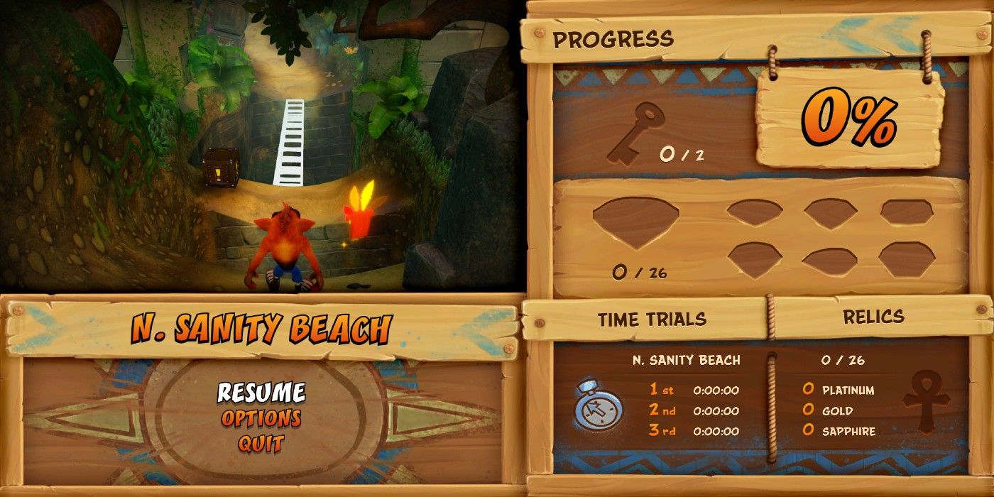 Crash Bandicoot N Sane Trilogy Pause Menu collectibles