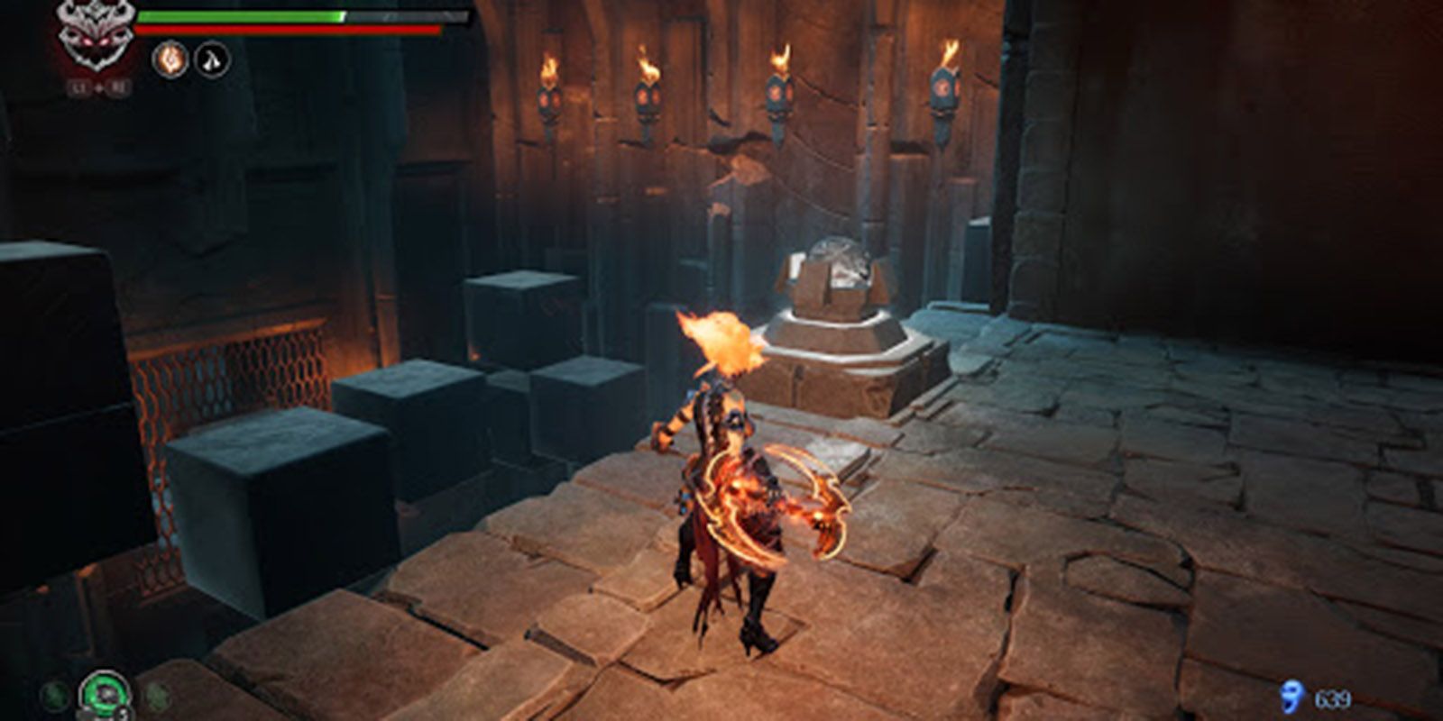 Darksiders 3 Fury holding weapon looking towards stone structure