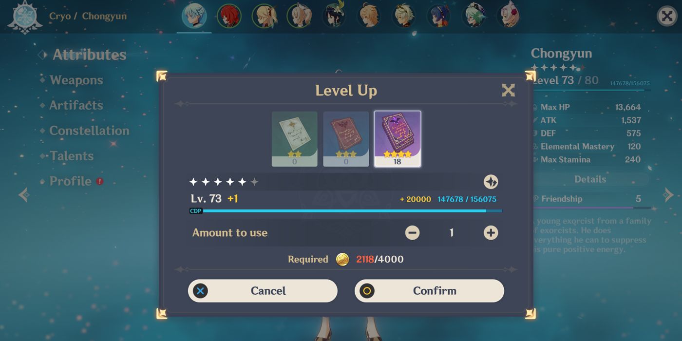 Levelling up Genshin Impact