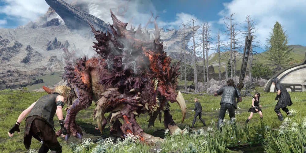 Final Fantasy XV main characters surrounding a monster