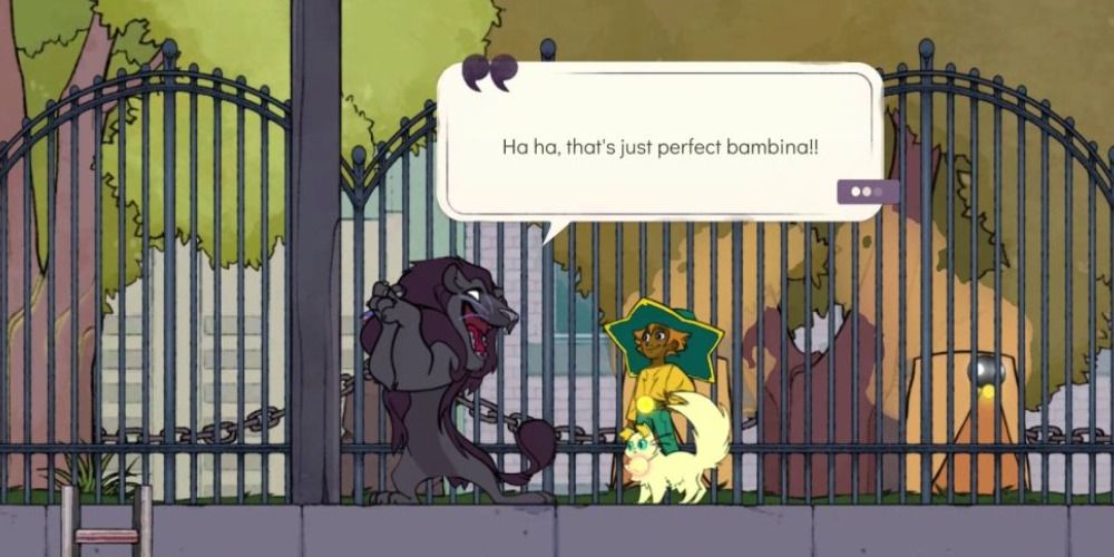 Giovanni talking to Stella in front of gates