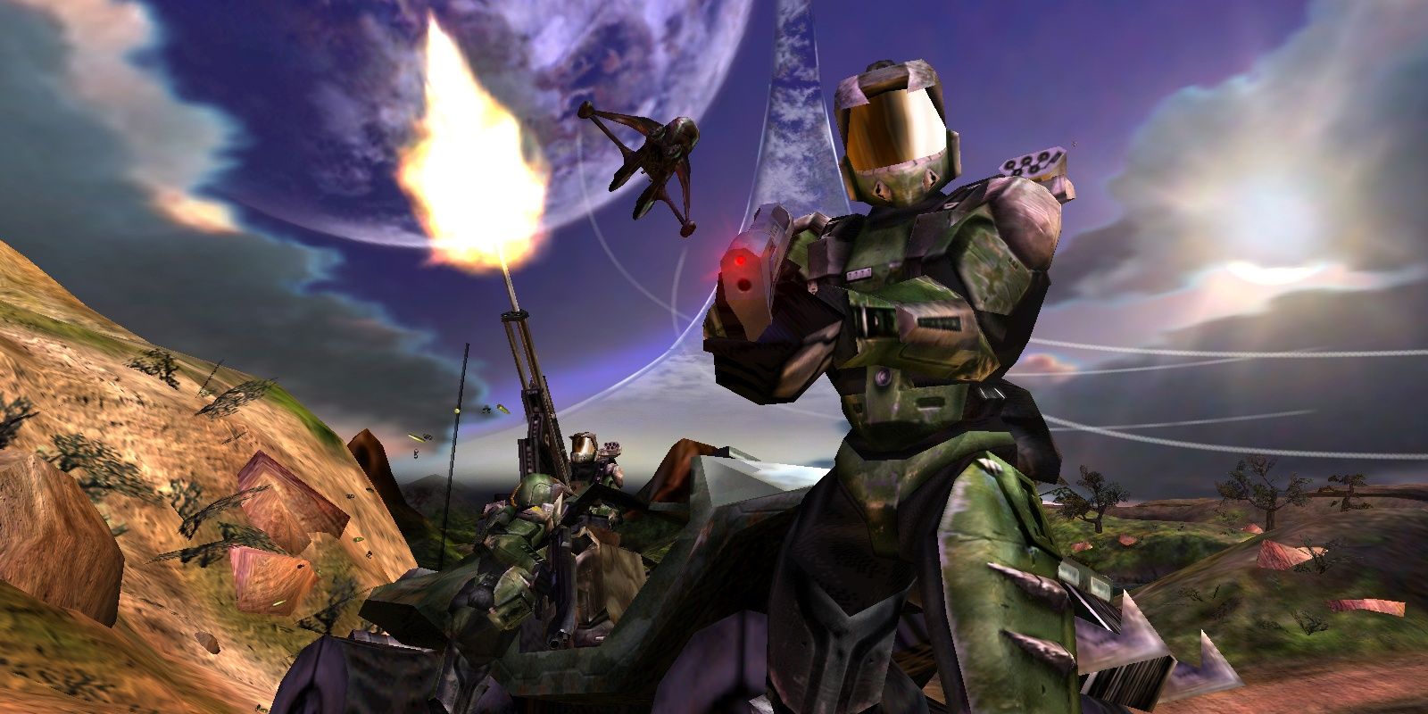 Halo original screenshot of Spartan and Warthog.