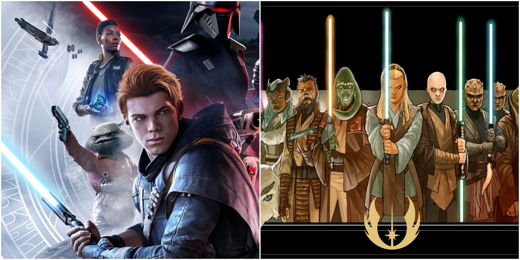 Cover art for Star Wars Jedi: Fallen Order and concept art for The High Republic