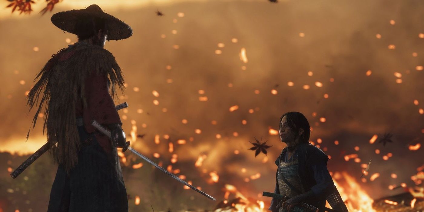 Jin Sakai and Lady Masako fire background after duel