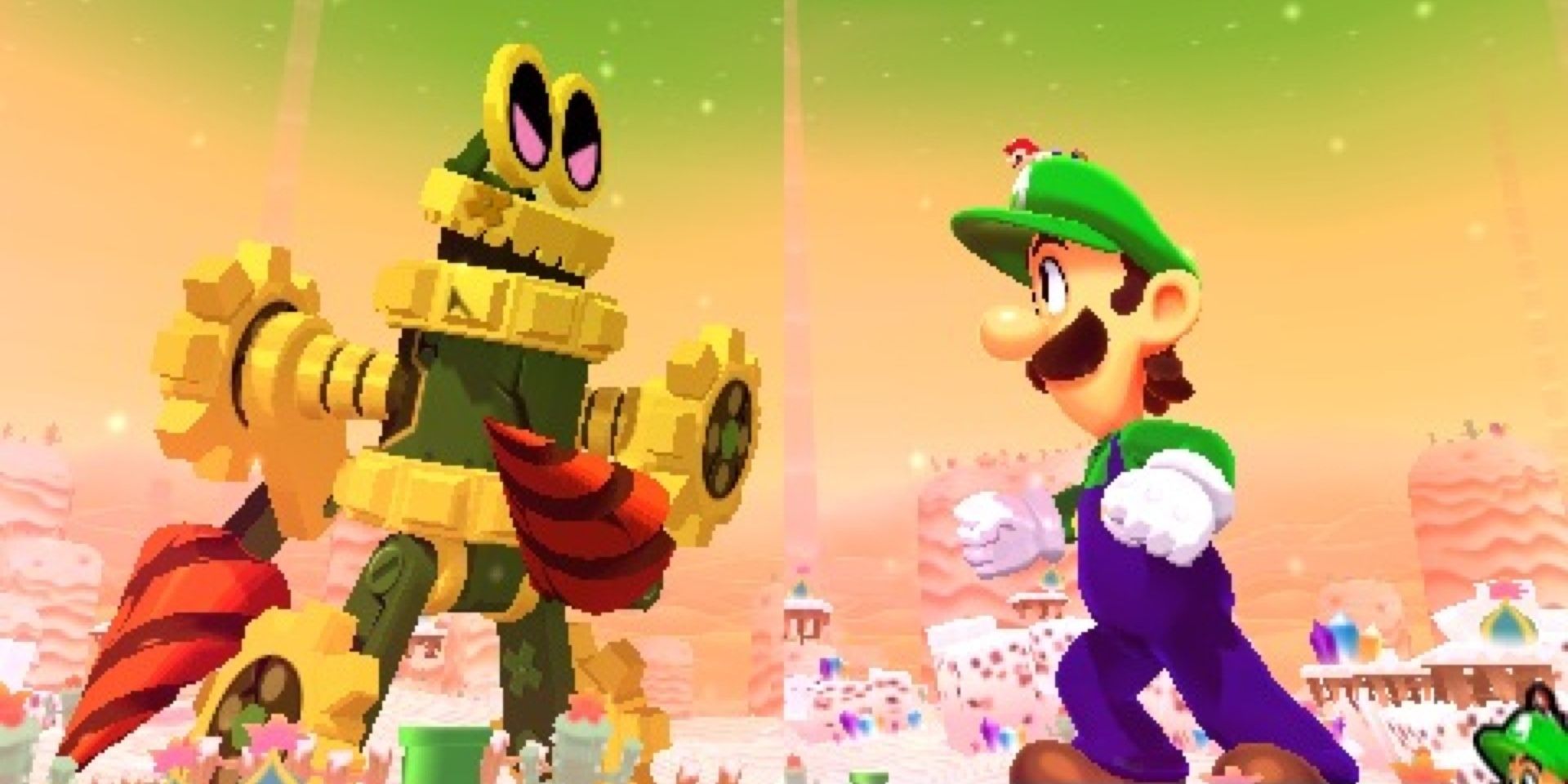 Luigi facing Robo-Drilldigger in Mario & Luigi Dream Team