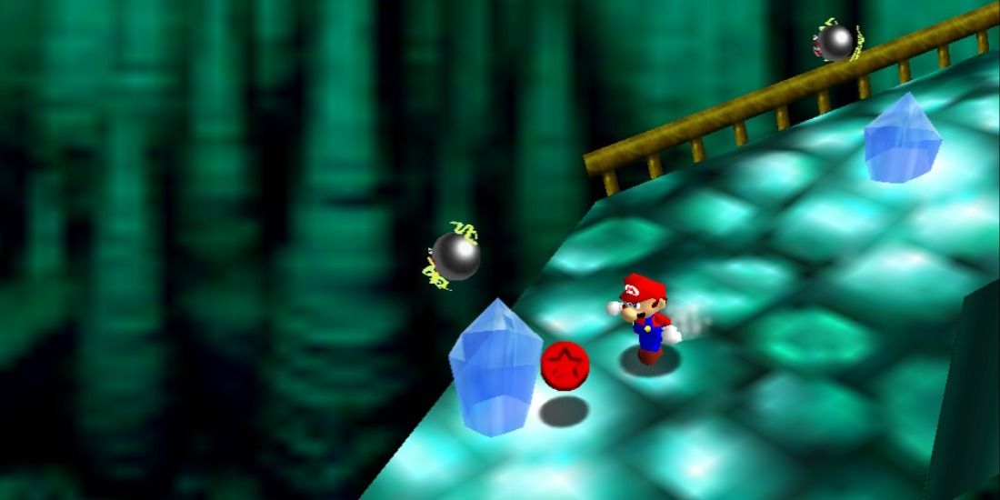 Mario collecting a red coin in Super Mario 64 in Bowser in the Dark World