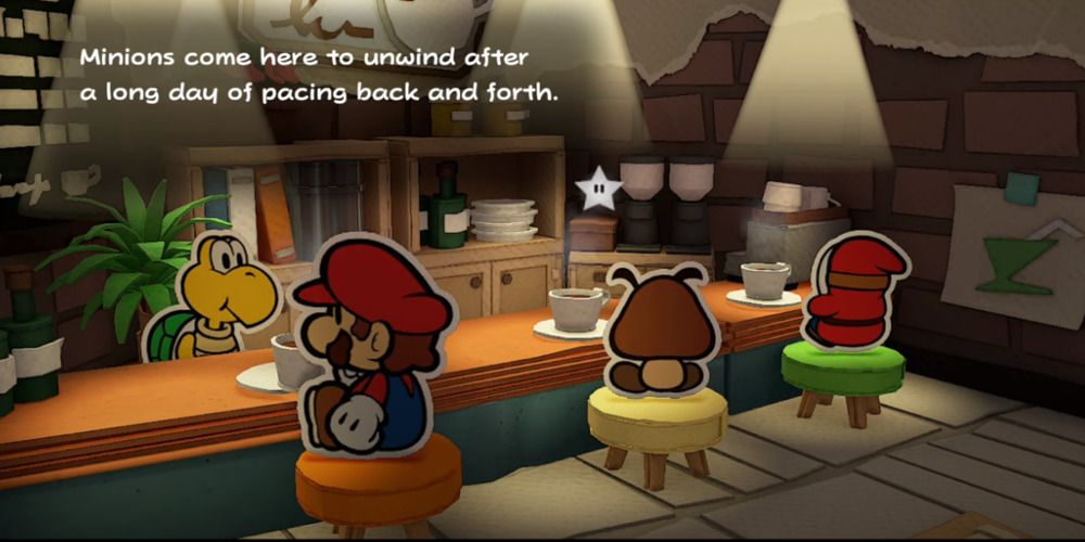 Mario relaxes inside a minion cafe