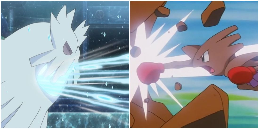 Abomasnow using Ice Shard and Hitmonchan using Mach Punch in the Pokémon anime