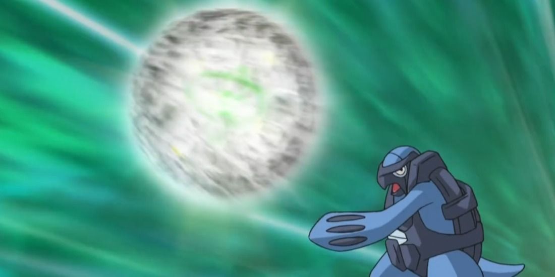 Carracosta throws an Ancient Power at an unknown foe in the Pokémon anime