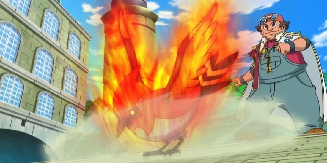 Fletchinder follows its overall-wearing owner to use Flame Charge in the Pokémon anime