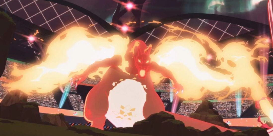 Gigantamax Charizard flying forward in flame the Pokémon anime