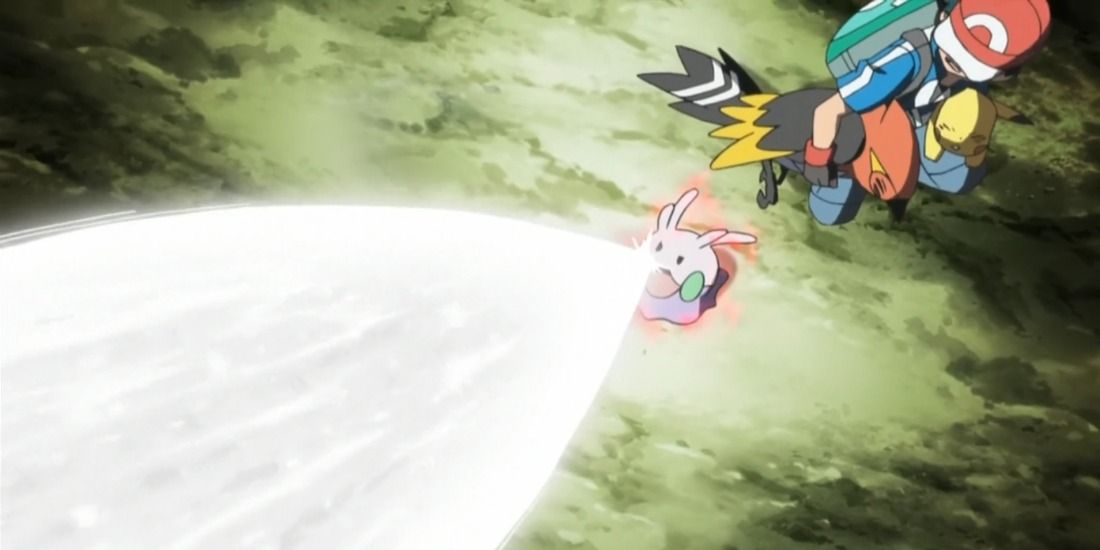 Goomy uses Bide to protect Ash in the in the Pokémon anime