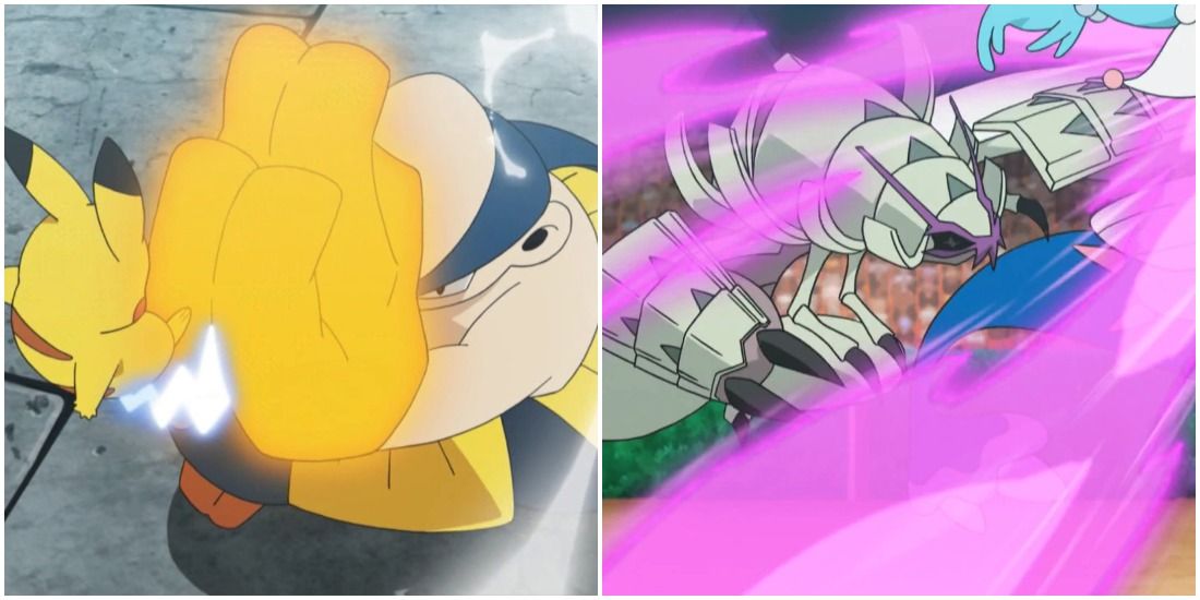 Hariyama stops an attack with Fake Out while Golisopod bashes with First Impression in the Pokémon anime