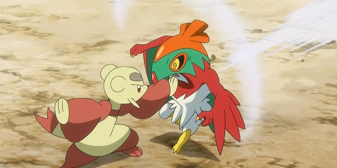 Hawlucha being sucker punched by Mienfoo in the Pokémon anime