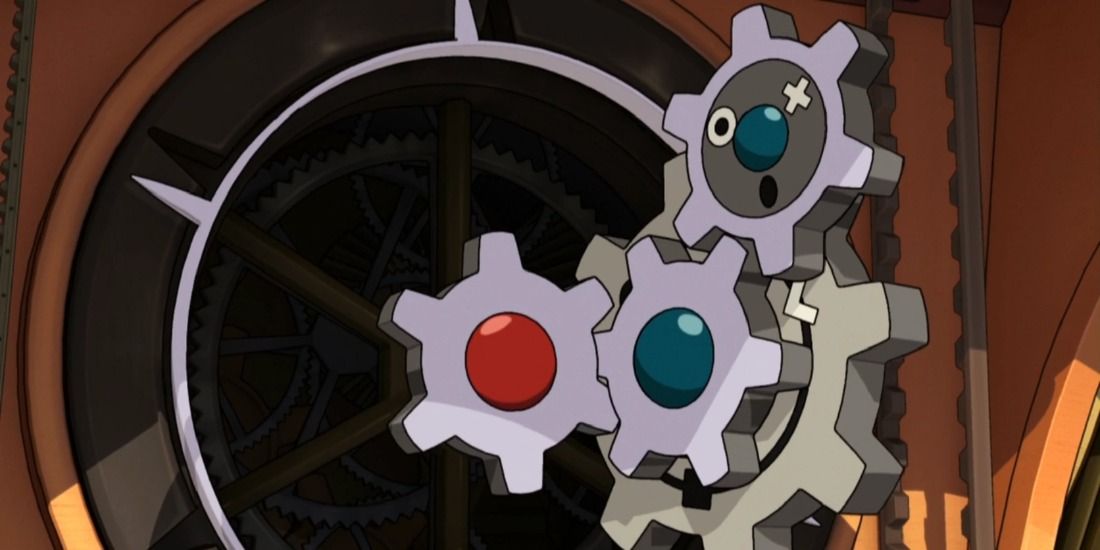 Klinklang turning its gears to open a door in the Pokémon anime