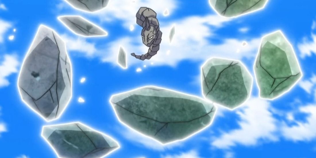 Onix flying remarkably high to use Rock Tomb in the Pokémon anime