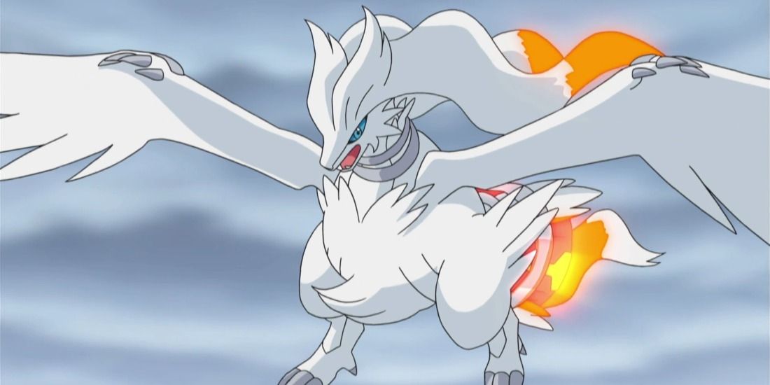 Reshiram glowing while flying the Pokémon anime