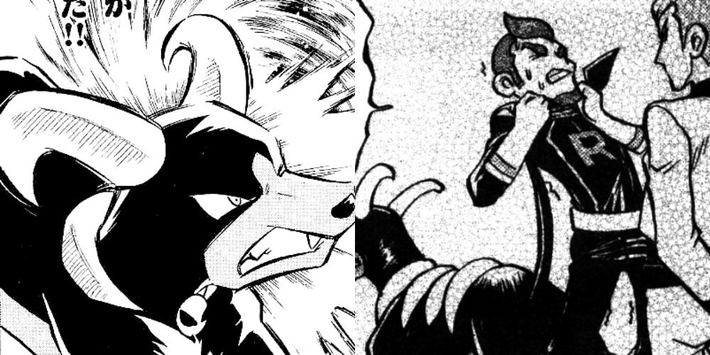 Archer and his Houndoom strangle Petrel in Pokemon manga