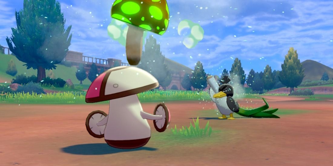Amoongus uses Spore against a Galarian Farfetch'd in Pokémon Sword & Shield