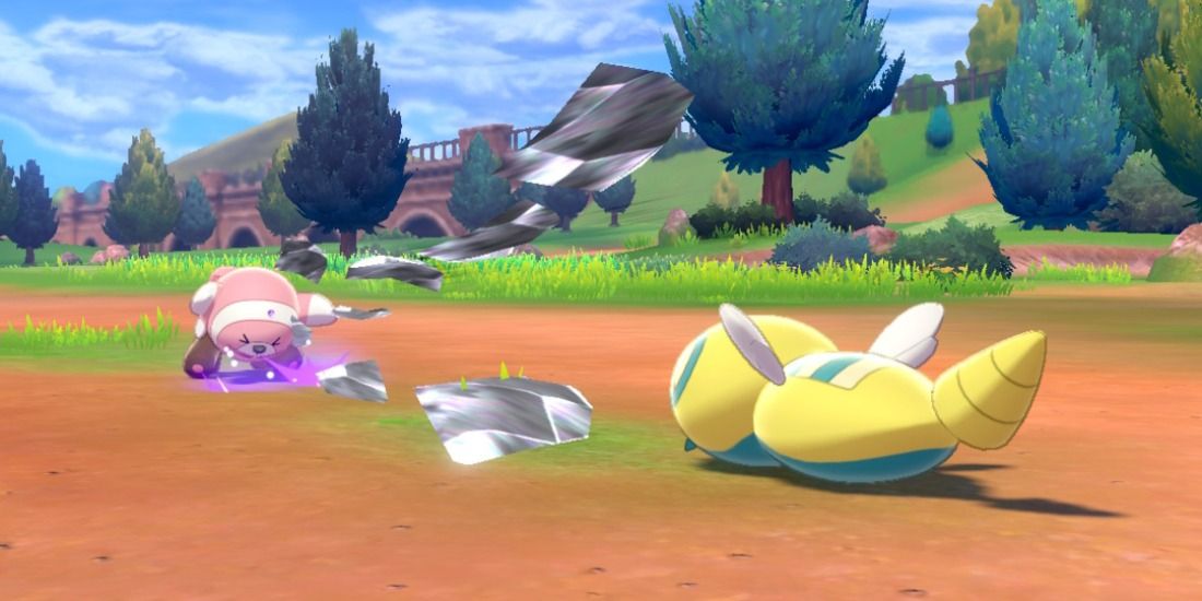 Dunsparce uses Scale Shot against a common Stufful in Pokémon Sword & Shield