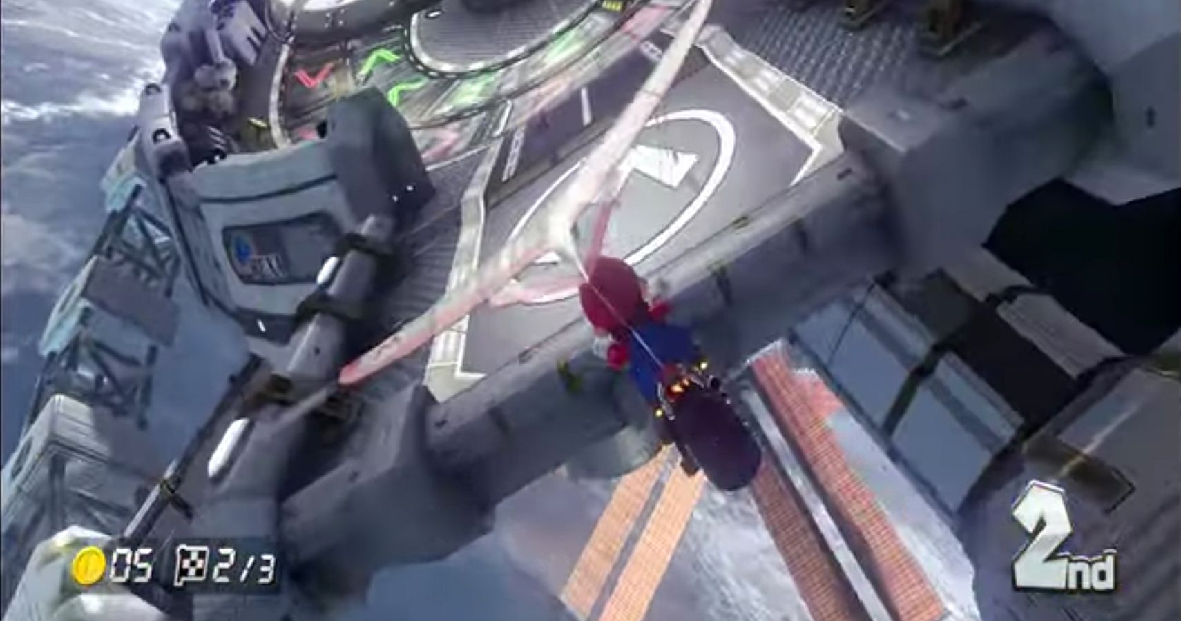 An image showing a more industial-looking Rainbow Road in Mario Kart 8.