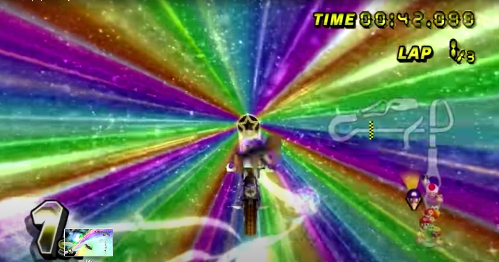 A character floats through a rainbow space tunnel in Mario Kart Wii's Rainbow Road.