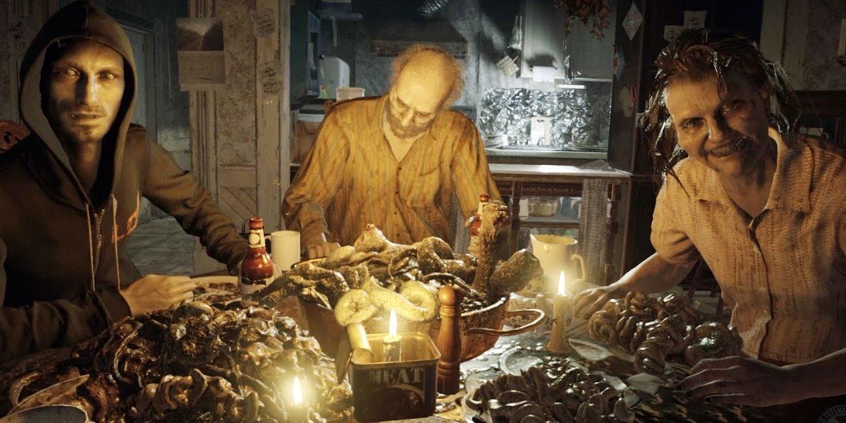 The Baker Family eating dinner in Resident Evil 7