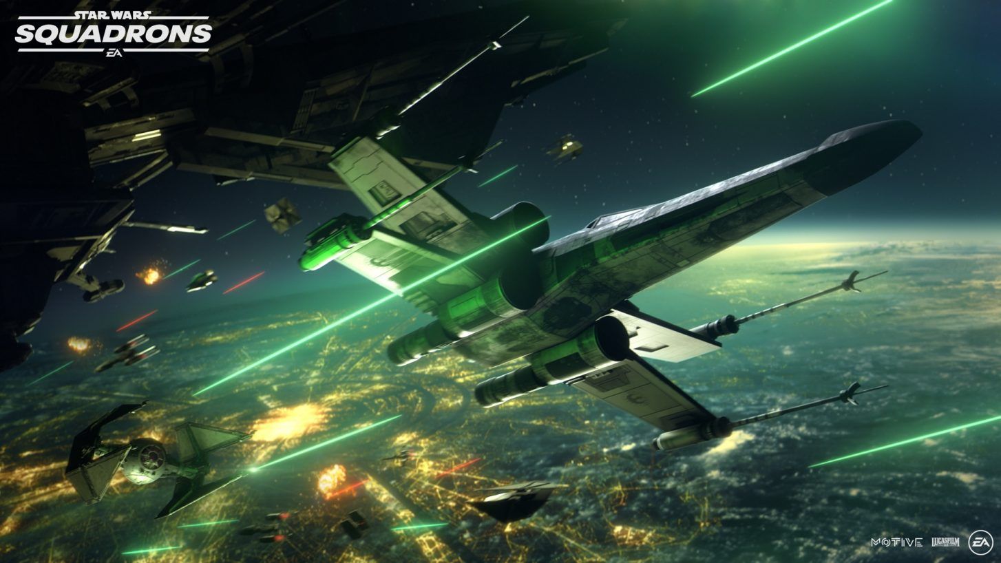 An X-wing fighter flies through space while being shot at with green lazers.