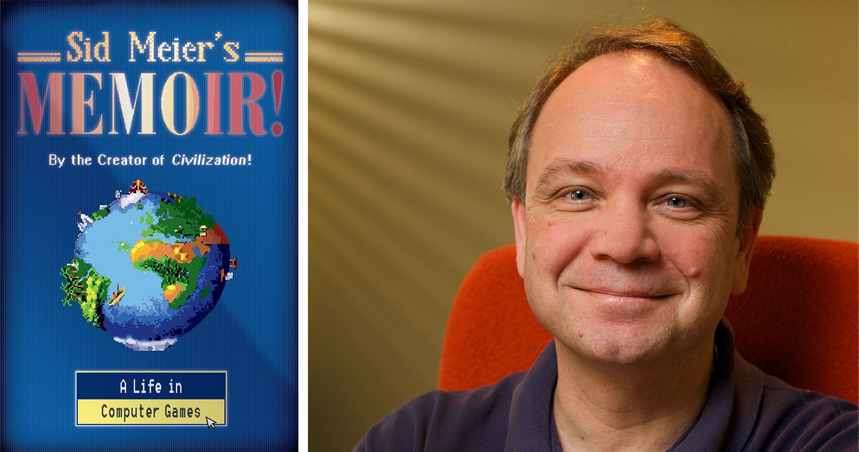 The book cover for Sid Meier's Memoir! alongside a headshot of Sid Meier.