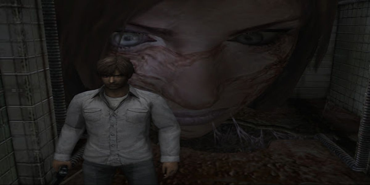 A screenshot of Silent Hill 4, showing Henry Townshend standing in front of a giant version of Eileen Galvin's face