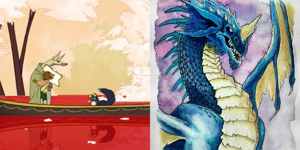 Elena at the everdoor on the left. A watercolored drawing of a blue dragon on the right