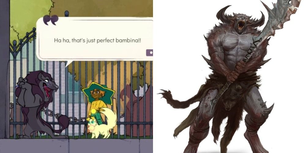 Giovanni talking to Stella in front of some gates/ a demon from D&D. The two look somewhat similar...