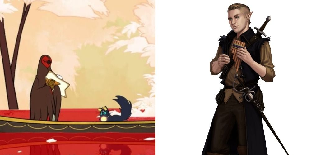 Gustav at the everdoor/ a human bard on the right