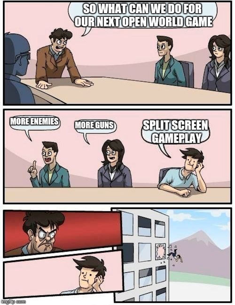 Split screen open-world meme