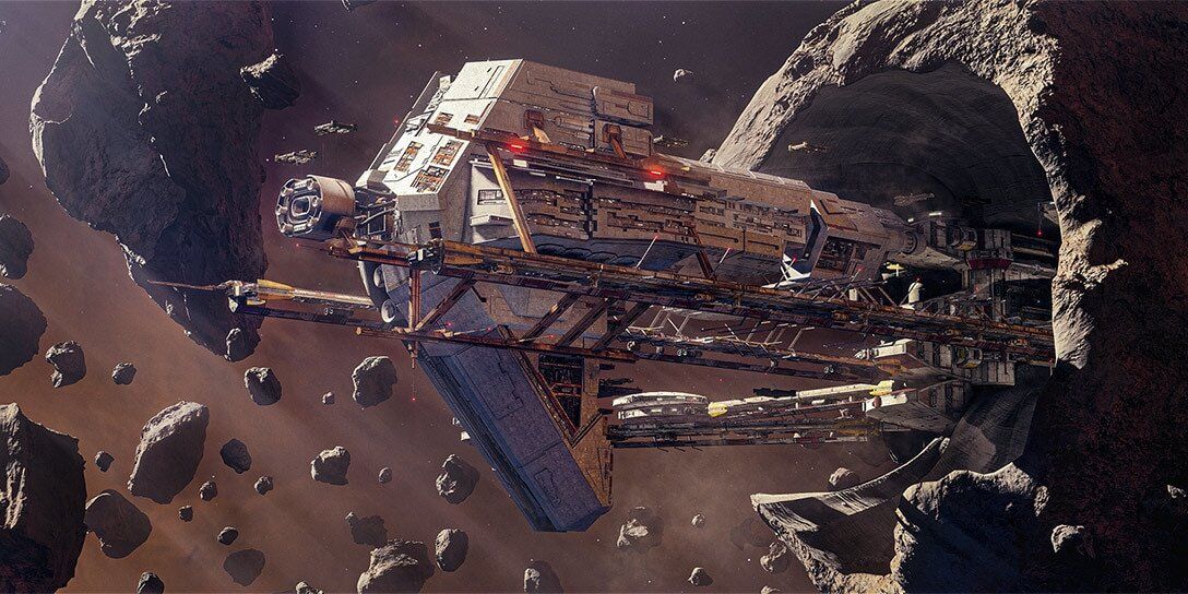 Starhawk flying through asteroid field