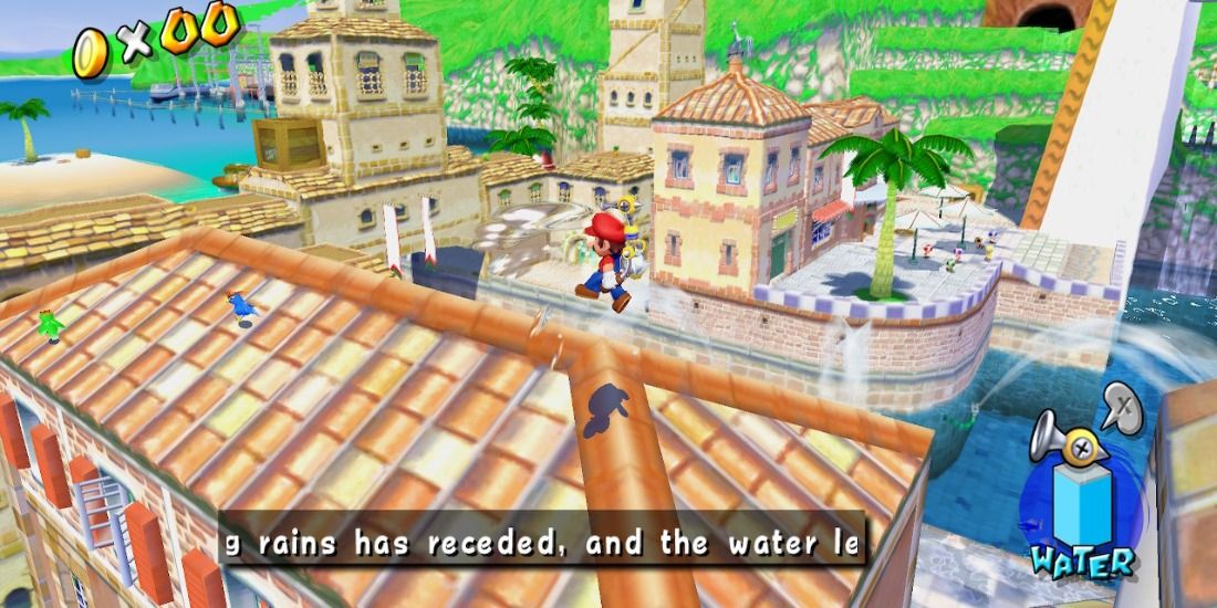 Mario sprays water on some unsuspecting birds in Super Mario Sunshine