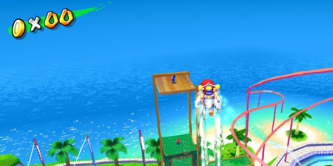 Mario hovers high in the air for a Blue Coin over Pinna Park in Super Mario Sunshine