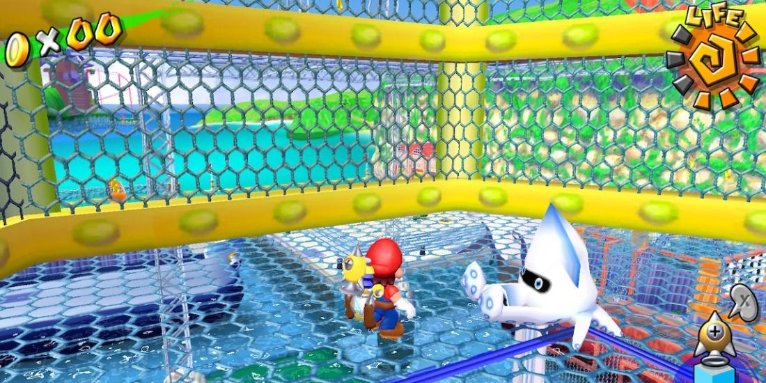 Mario faces a blooper for a Blue Coin at Ricco Harbor in Super Mario Sunshine
