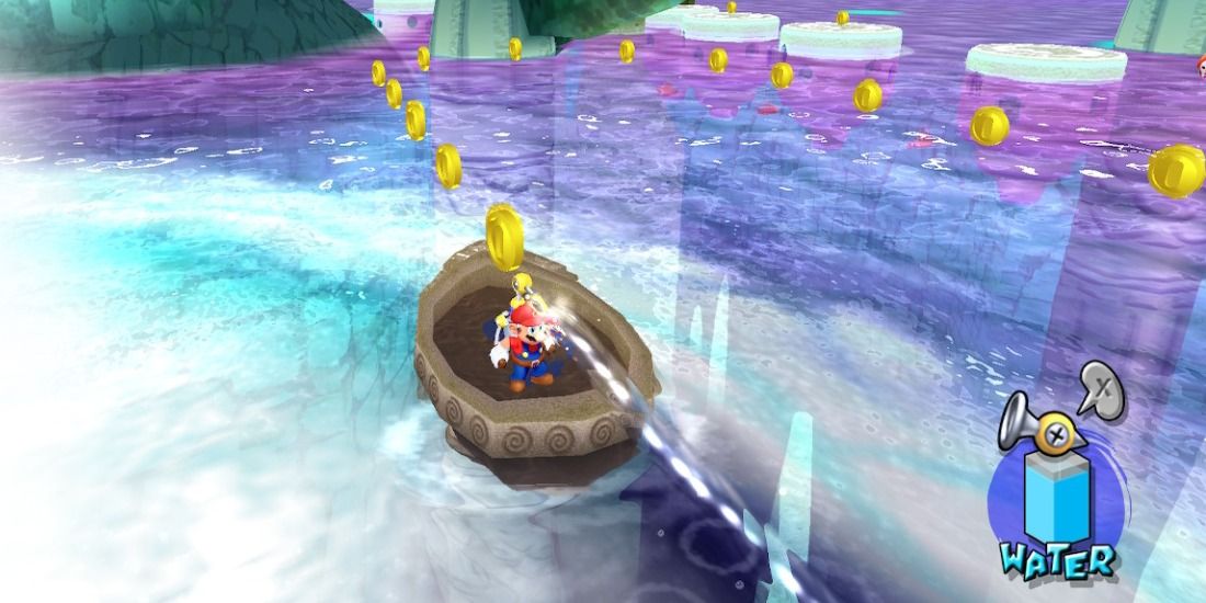 Mario pushing a boat with FLUDD in Super Mario Sunshine