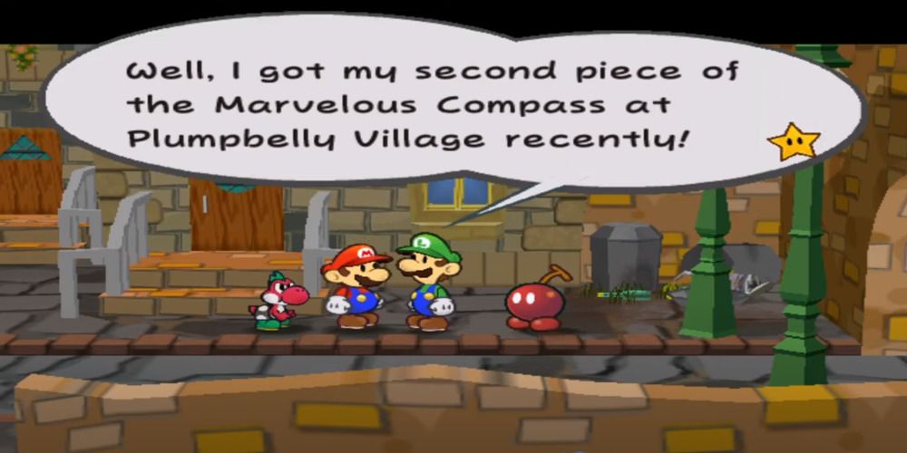 Luigi telling Mario a story about Plumpbelly Village