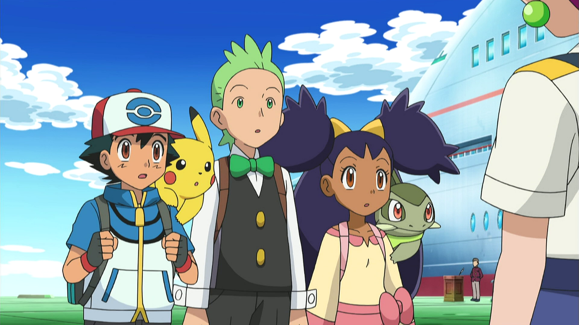 ash, pikachu, cilan, iris, and axew in the anime