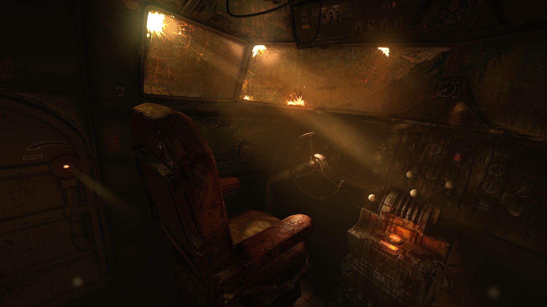 Screenshot of a ruined plane's cockpit, with sunlight streaming through the broken windshield.