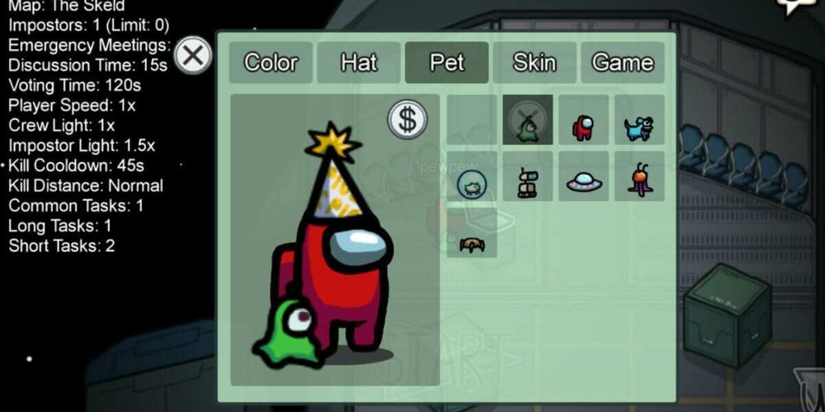 A customization screen in Among Us