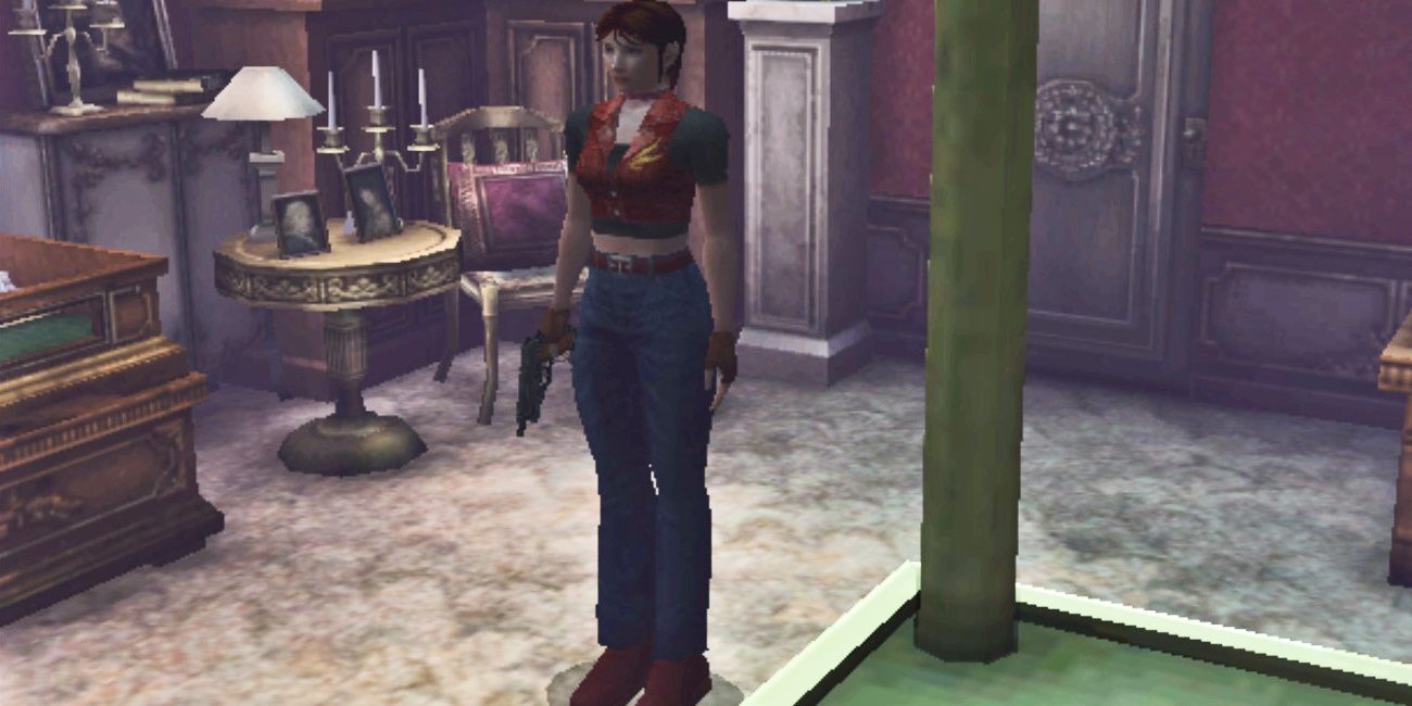 Claire from Resident Evil Code Veronica standing in a creepy room