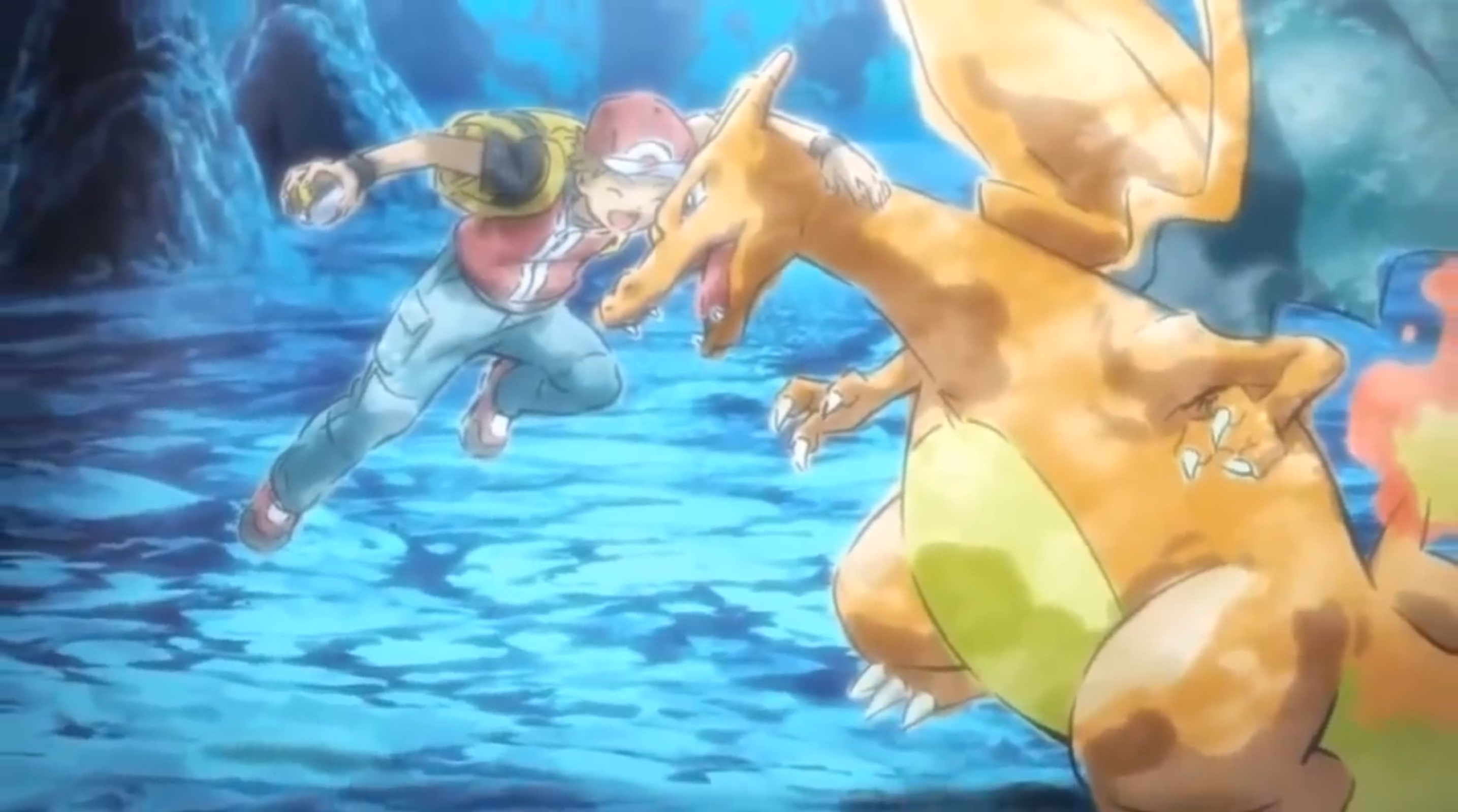 Red and Charizard celebrate catching Mewtwo