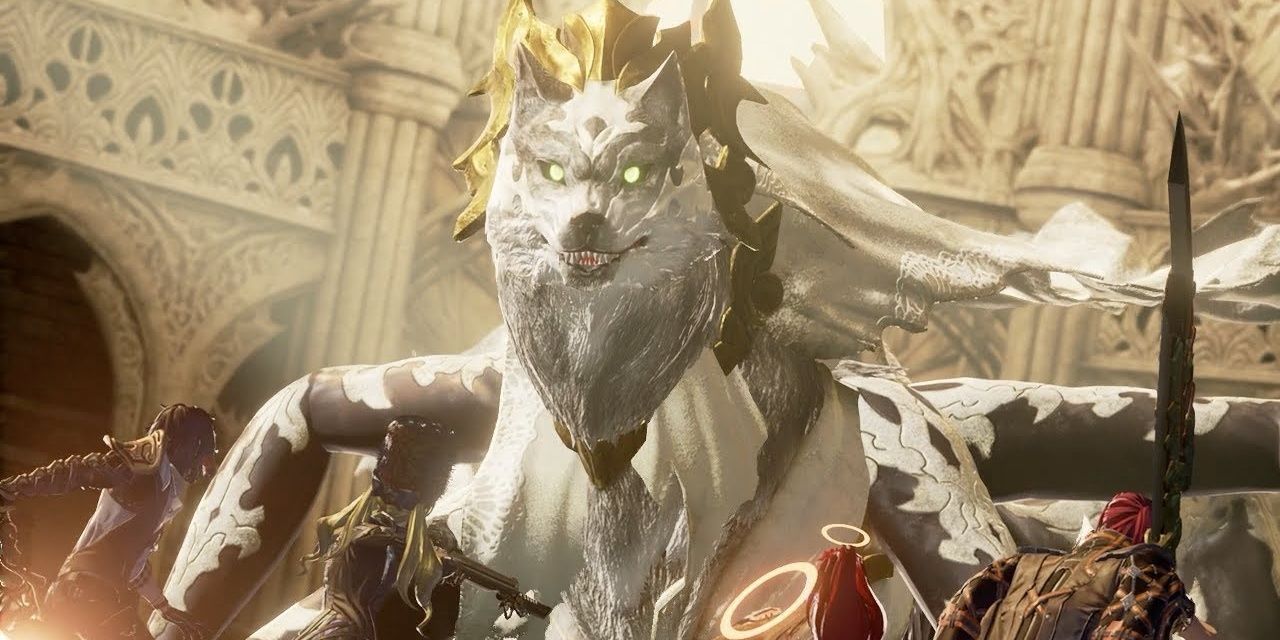Wolf-like monster boss battle in Code Vein.