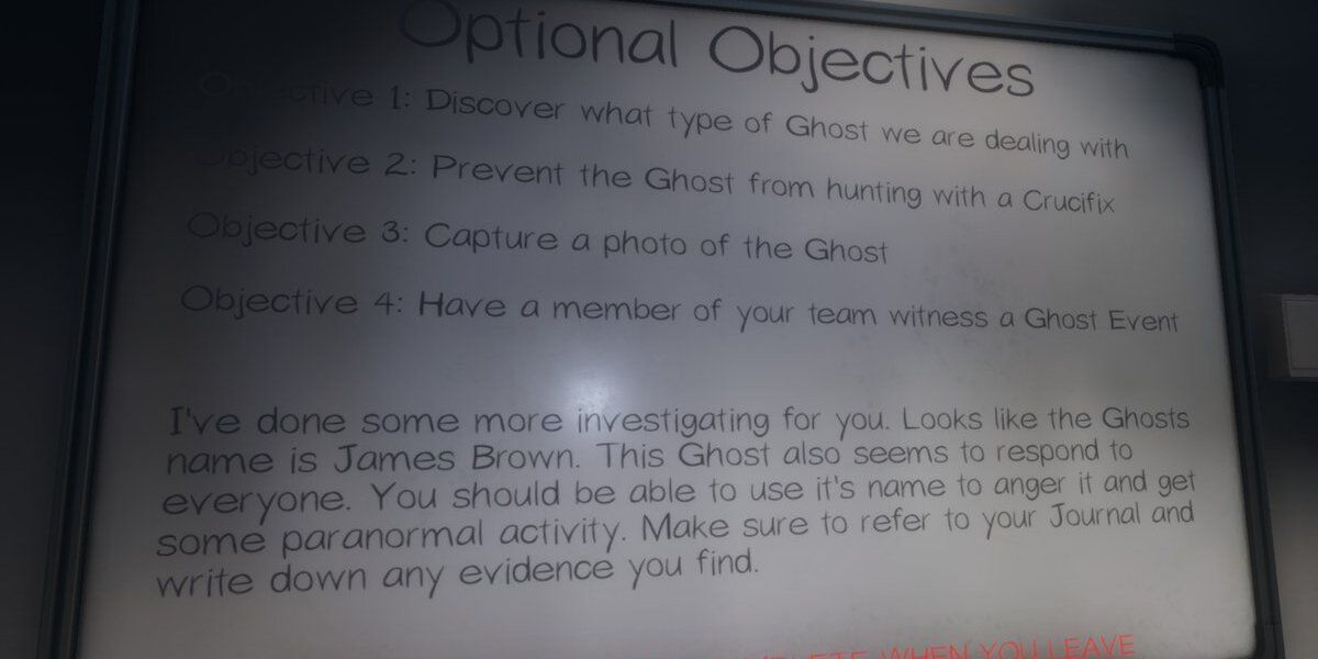 The objectives whiteboard in Phasmophobia